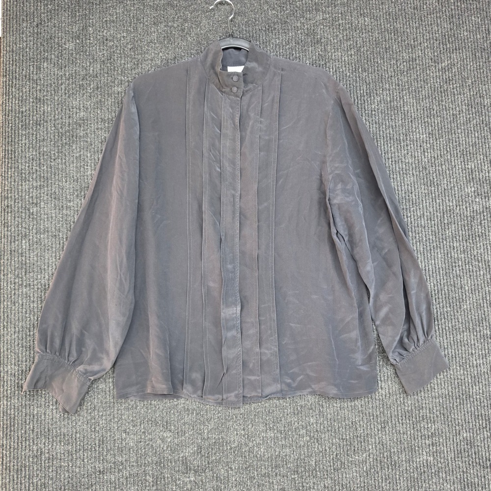 JH Collectibles 100% Silk Blouse Charcoal Gray Pleated Mock Neck Long Sleeve Top